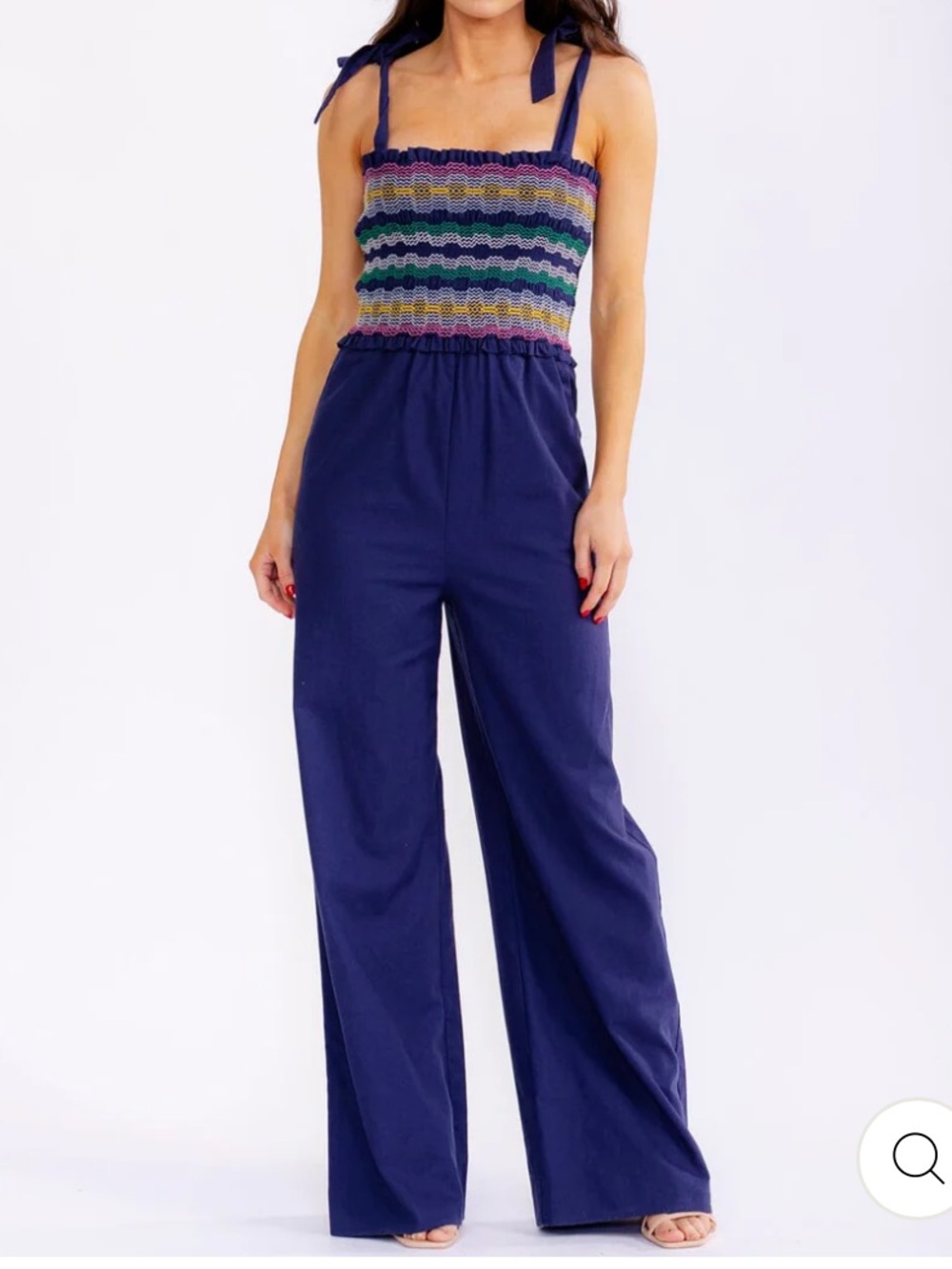 Boho NWT Navy Wide-Leg Jumpsuit with Multicolor Smocked Bodice size S